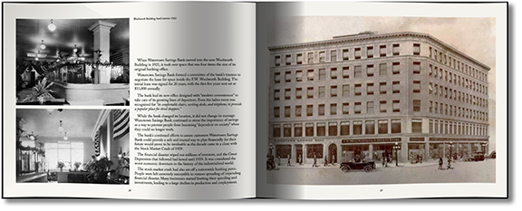 Book opened to a page with a photo of the Woolworth Building in downtown Watertown